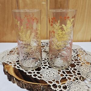 Libbey Set of 2 Glass Tumblers Fern Leaves Autumn Fall Harvest VINTAGE